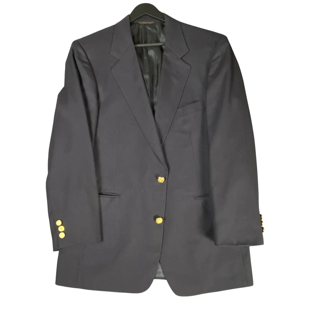 Vintage Nordstrom Mens Navy Blue Two Button Blazer‎ Gold Crest Buttons USA 40R